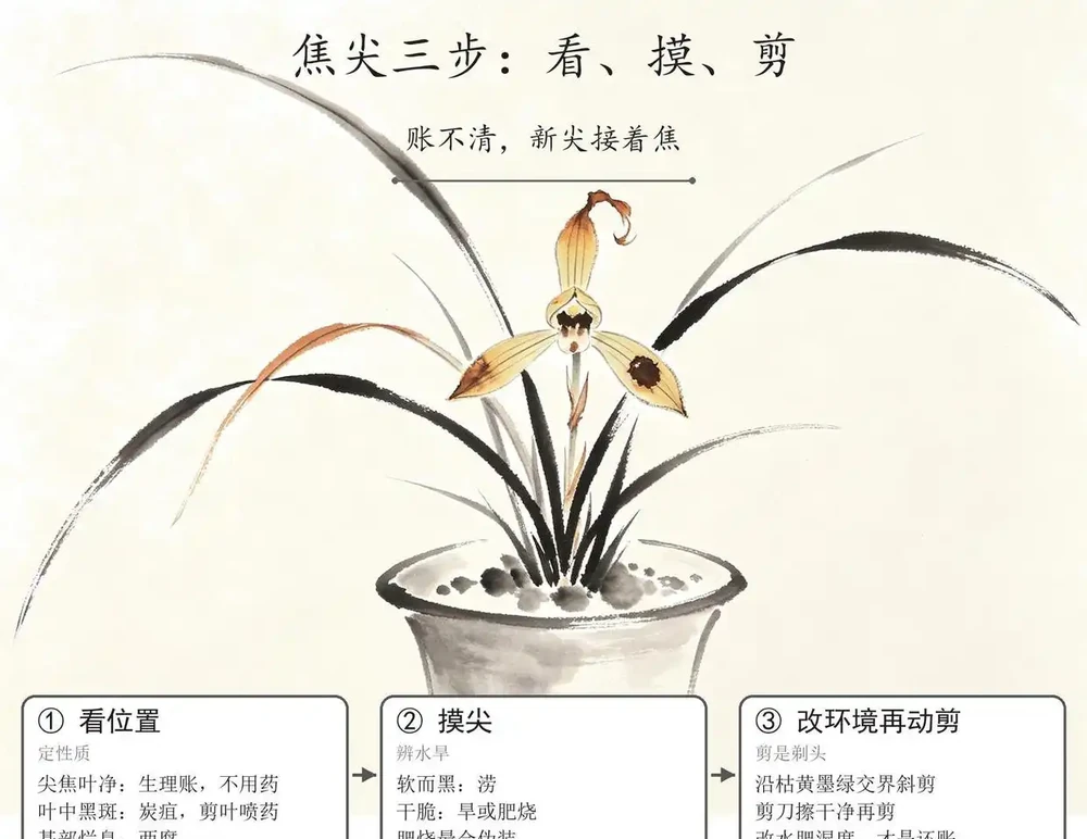 蘭花焦尖是什麼原因？葉尖發黃發焦的4種情況和處理辦法