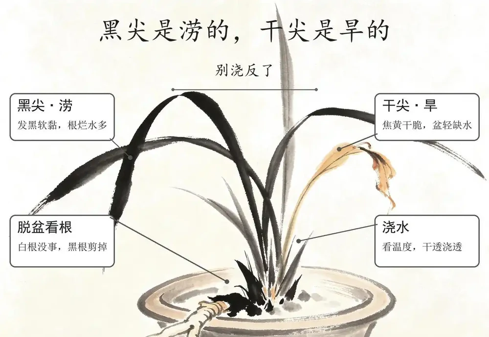 蘭花焦尖是什麼原因？葉尖發黃發焦的4種情況和處理辦法