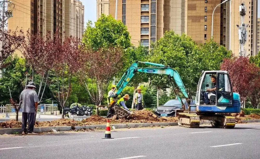人機配合忙施工，李滄棗山路更新隔離帶綠植美化道路